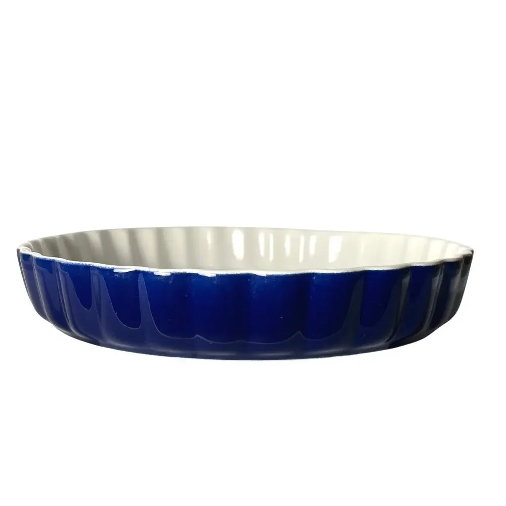 Vintage Blue Rim Stoneware Pie Dish Baker 11.25