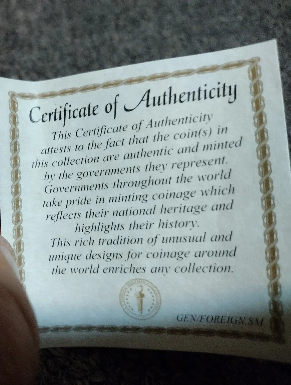 American Coin Treasures certificate authenticity