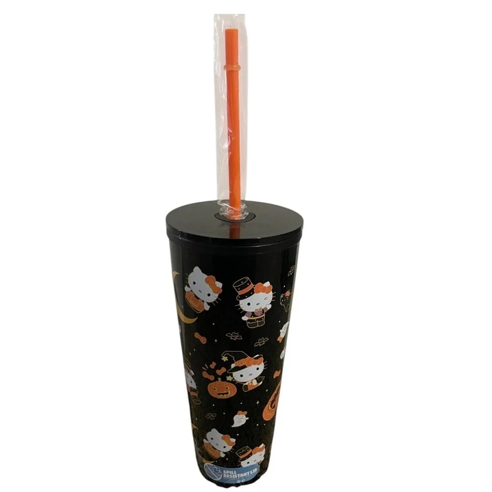 Hello Kitty Halloween Tumbler Cup With‎ Straw Black Orange Pumpkin Witch Design