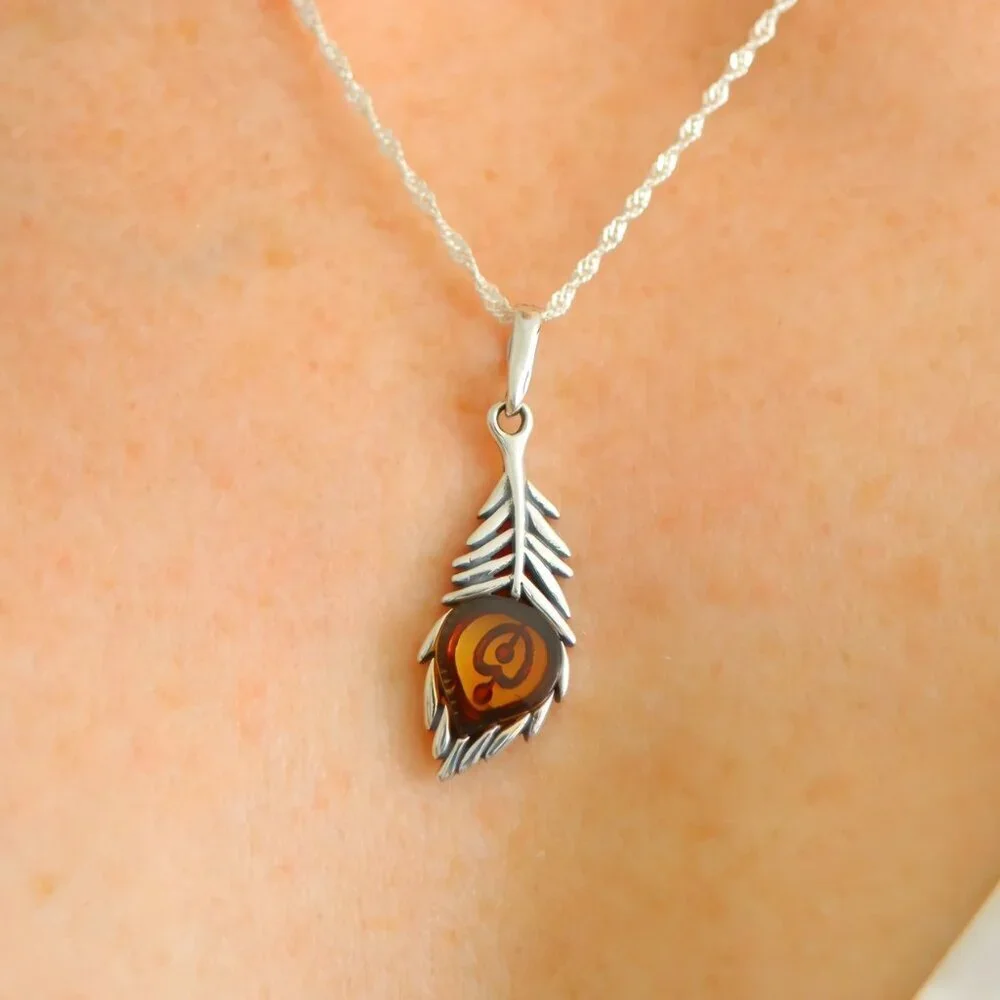 Silver Feather Pendant -Baltic Amber Necklace -s925