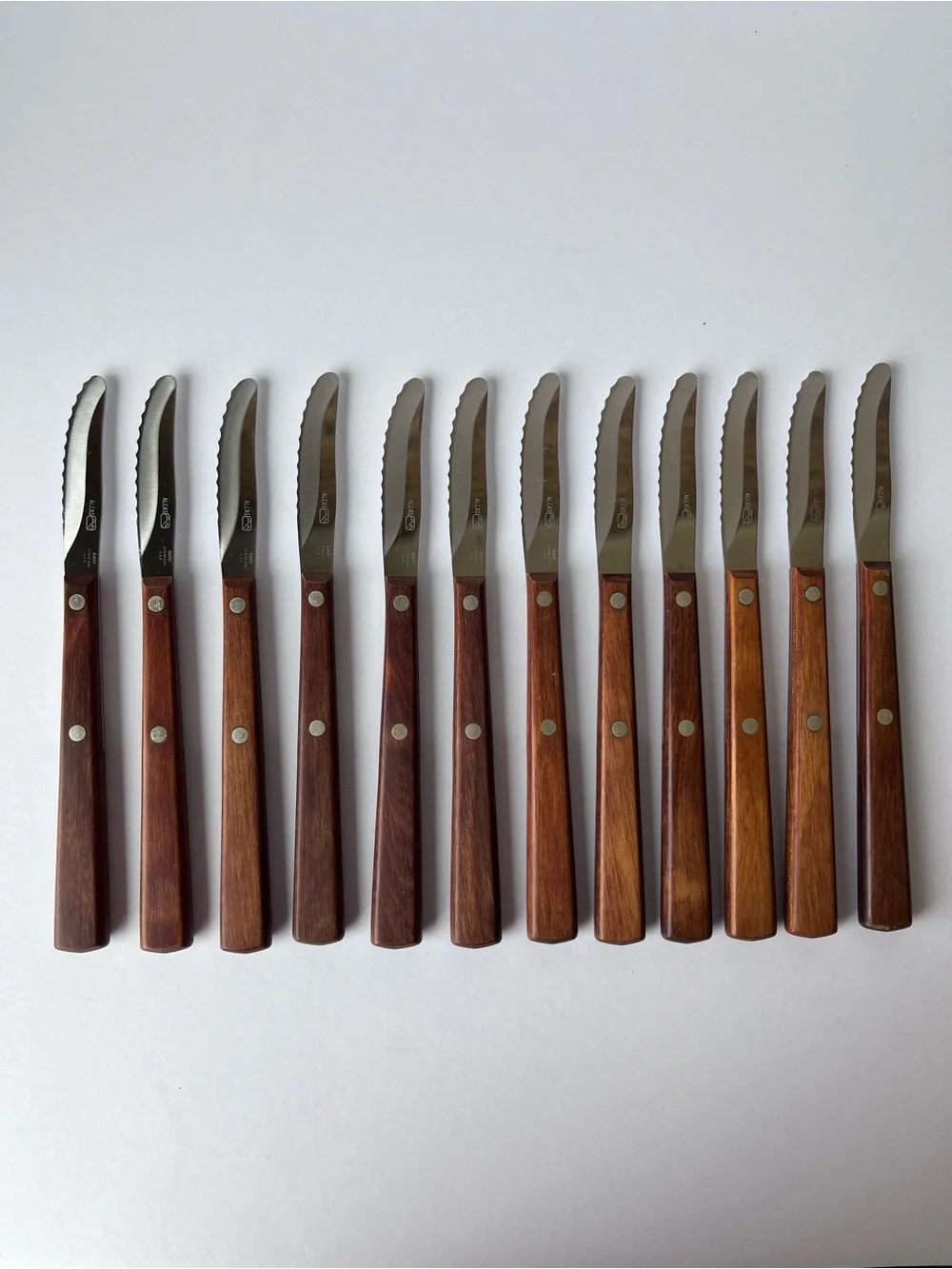 Alcas Ahoi Wood Handles Steak Knives Set of 12 Vintage Rare