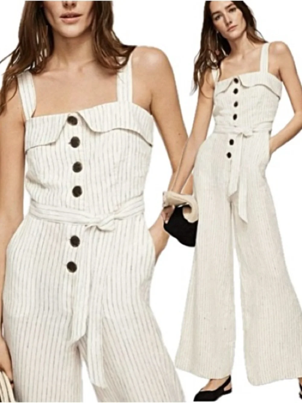 Mango 100% Linen Sleeveless Striped  Button Front Wide Leg Jumpsuit Size Large