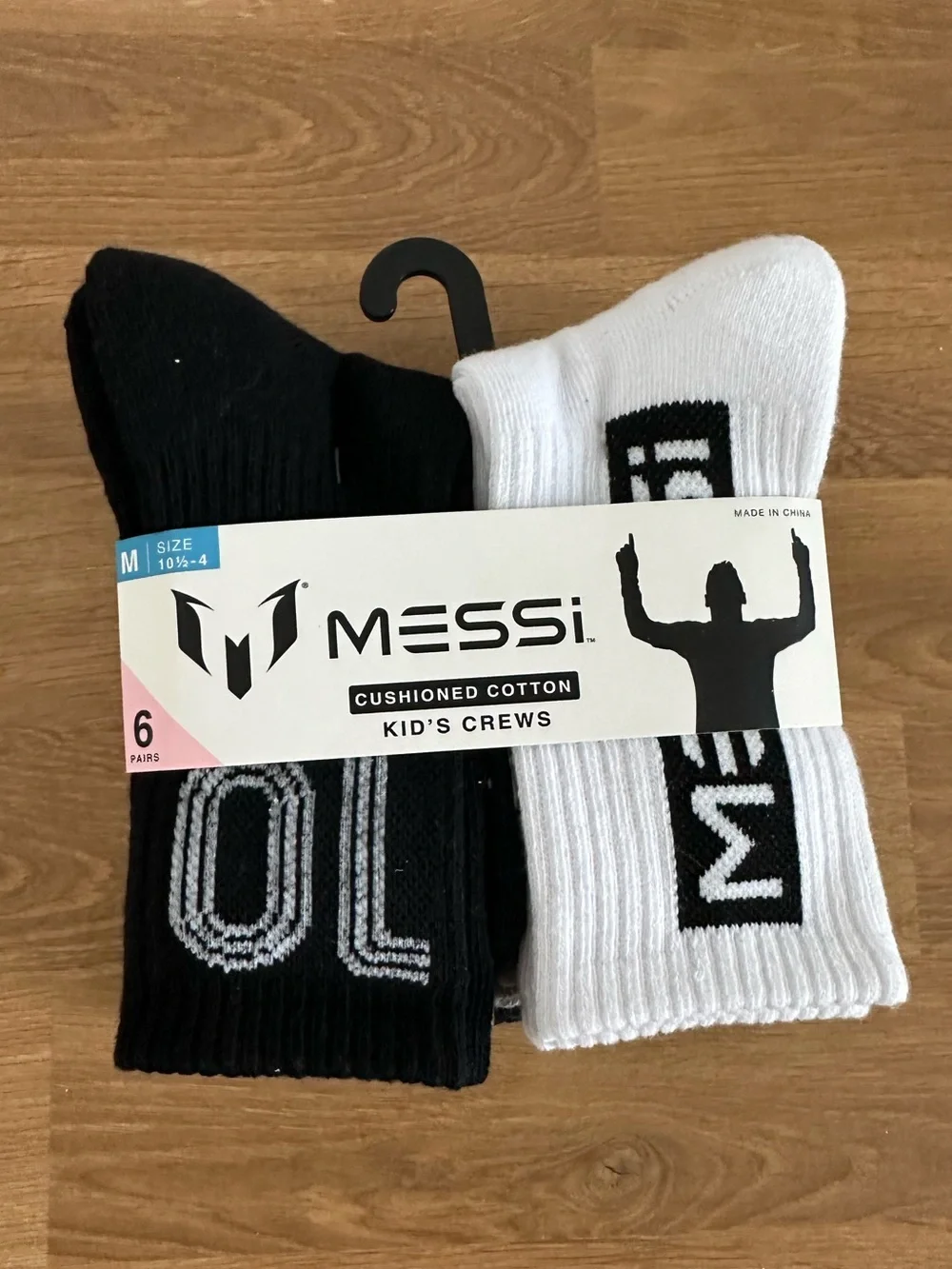 Messi Cushioned Cotton Kid's Crew Socks - Black & White (6-Pack)