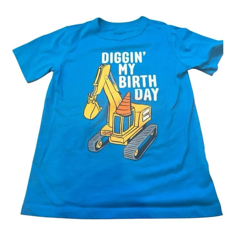 Children’s Place 4T Toddler Boys Birthday Construction Vehicle Graphic Tee Blue