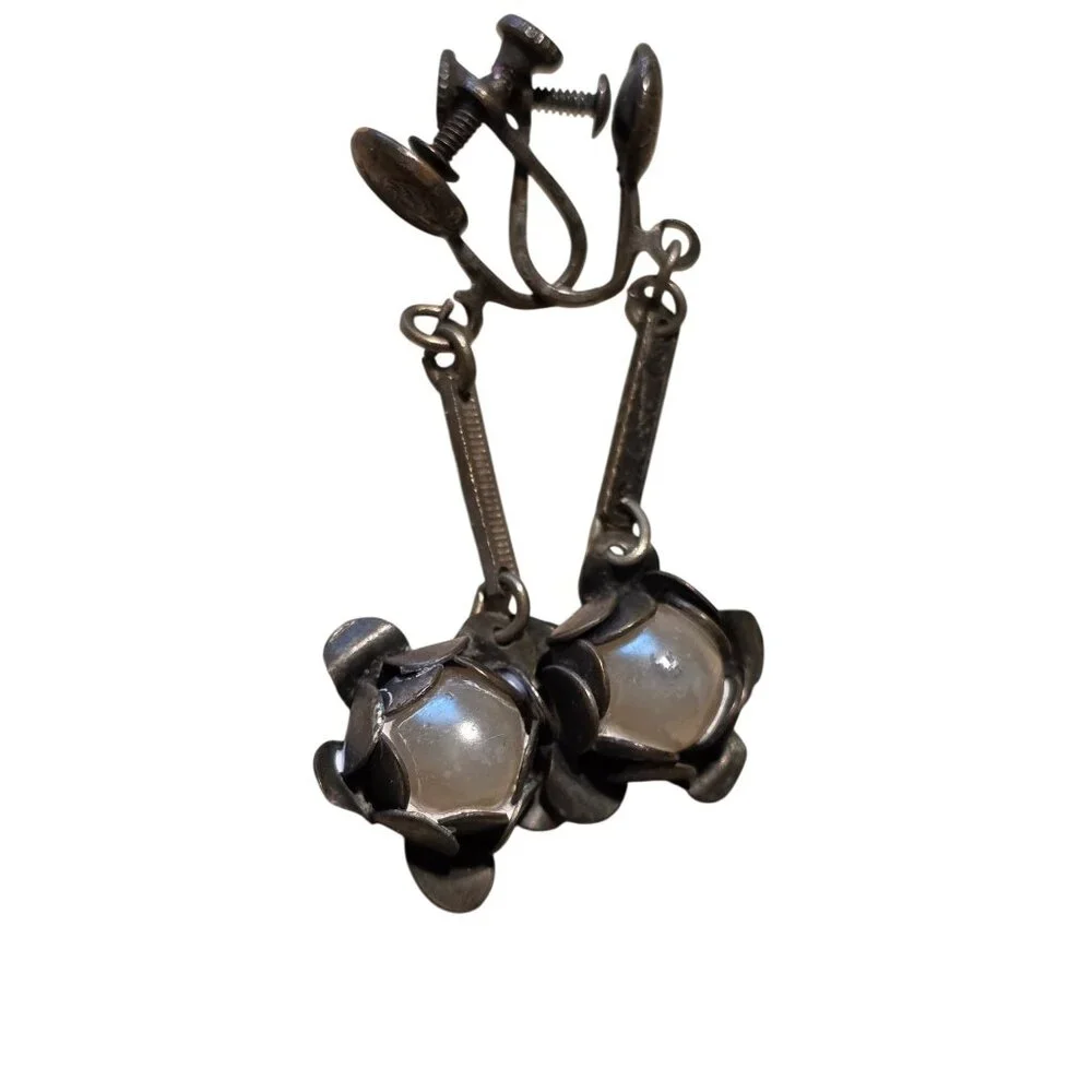 Vintage Screw‎ Back Floral Drop Earrings With Faux Pearl Accents