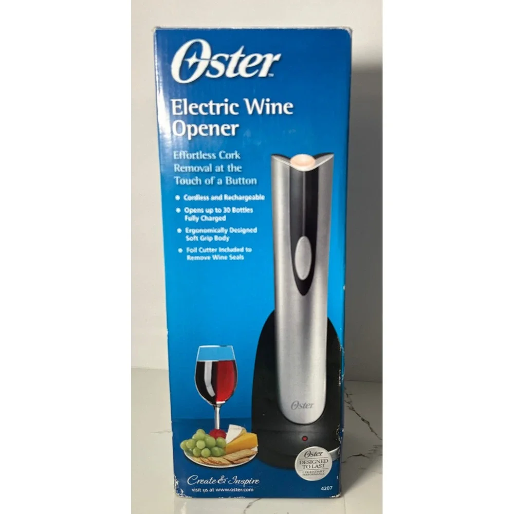 Oster Electric Wine Opener Cordless Rechargeable Silver Black 4207‎ Foil Cutter