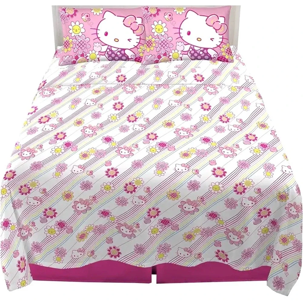 NEW Hello Kitty Sanrio Queen Sheet Set Pink Floral Y2K Cute Kawaii Bedding Soft
