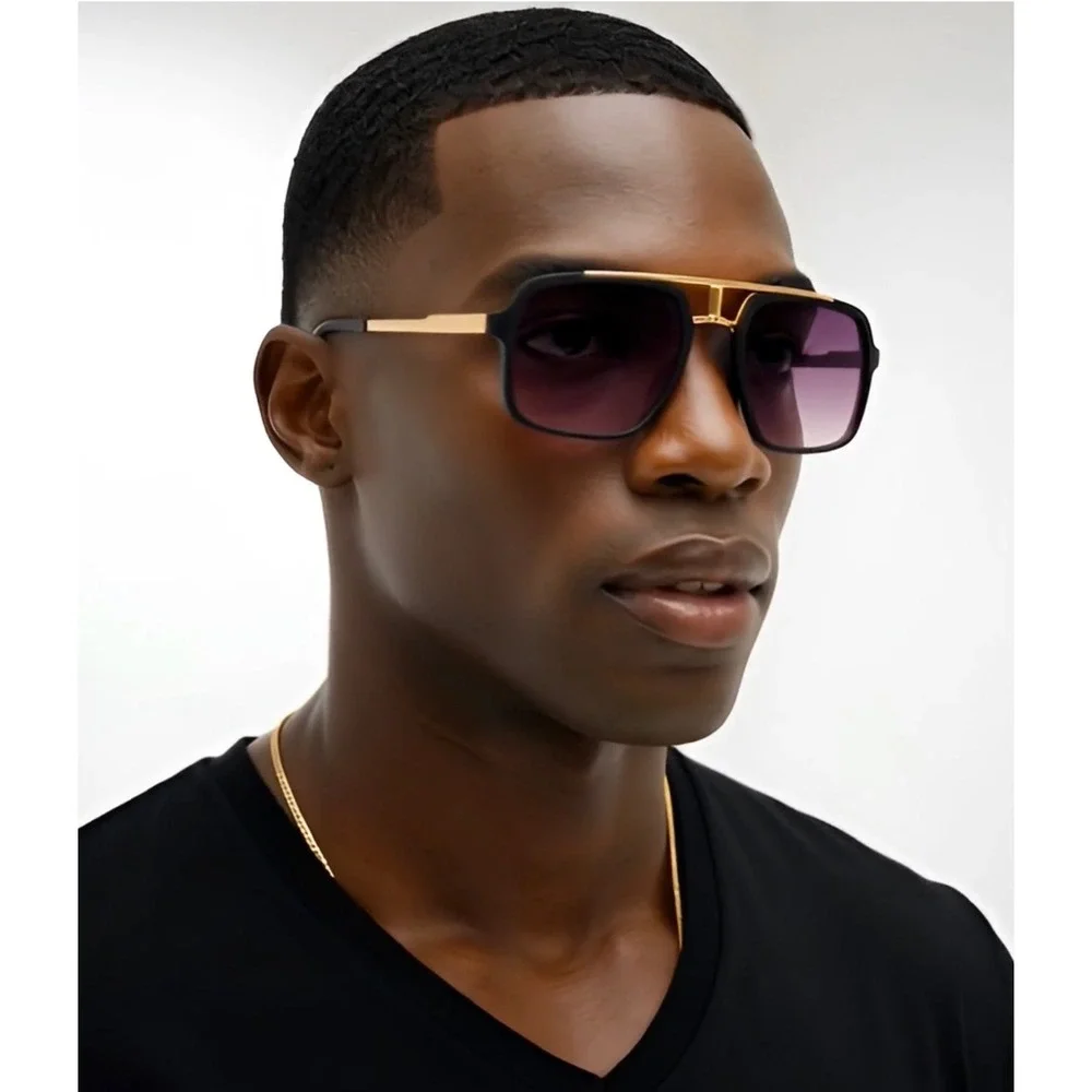 Mens Oversized Square Hip Hop Sunglasses Black Gold Double Bridge Gradient‎ Lens