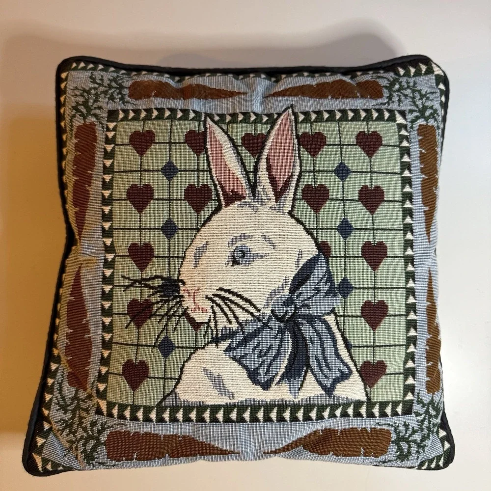 Rabbit Bunny Carrots‎ Woven Fabric Panel Hearts Carrots Blue Black L5
