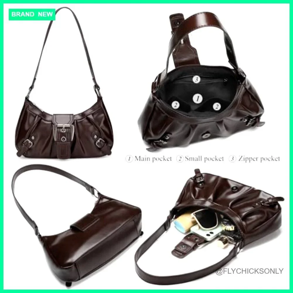 Vegan Leather Hobo Shoulder Bag with Zipper and Buckle Closure