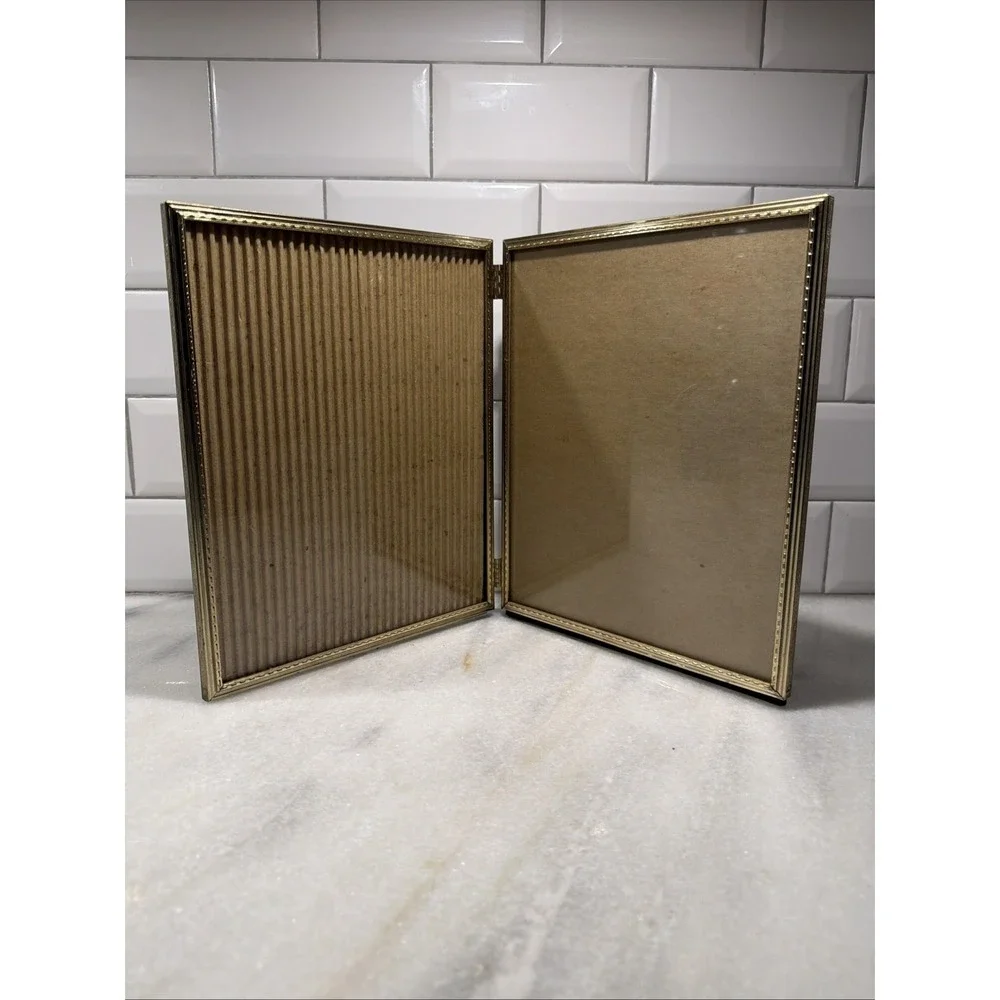 VINTAGE Metal Frame TWO PHOTO BI-FOLD HINGED GOLD TONE 8x10