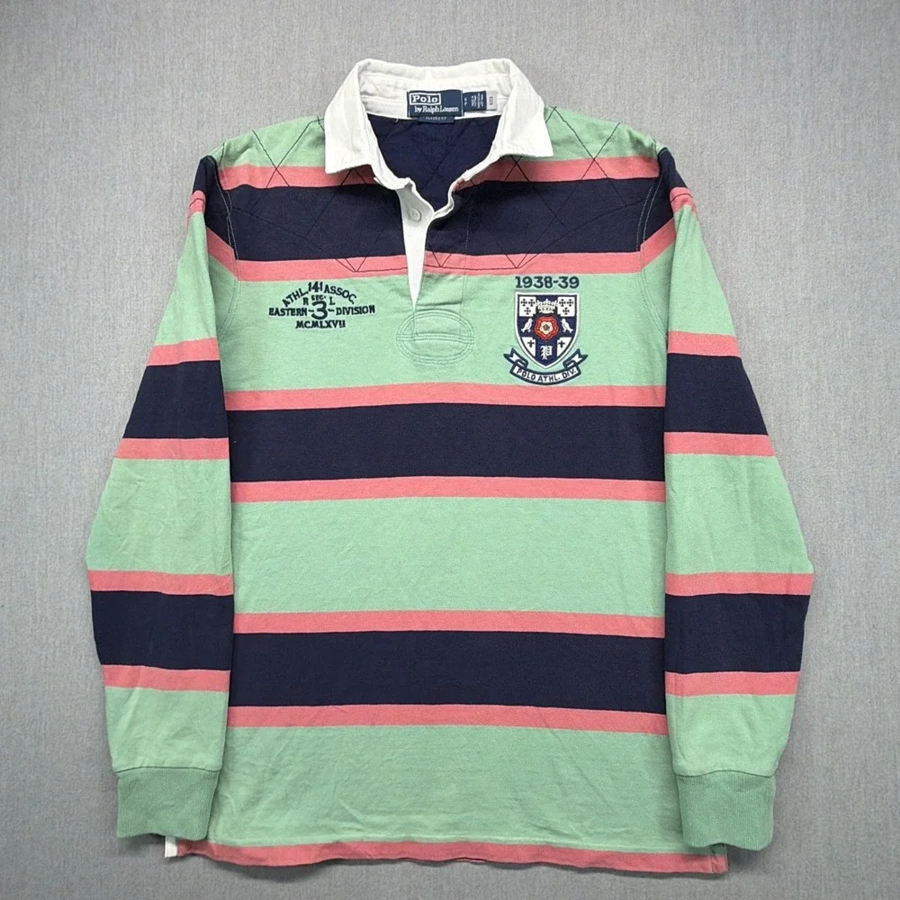 Polo Ralph Lauren Rugby Shirt Green Pink Navy Striped Crest Embroidered S / M