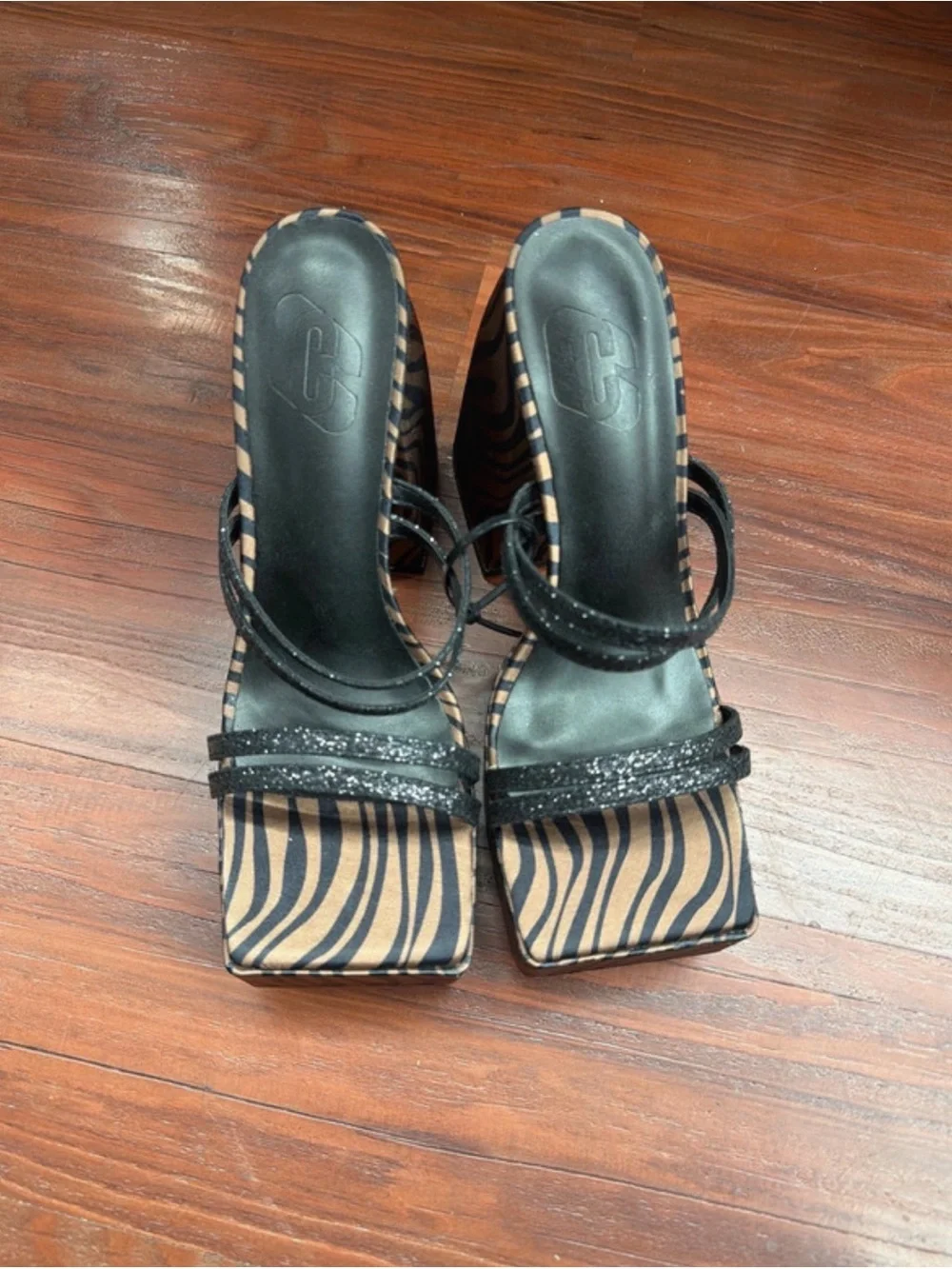 Black Strappy Zebra-Print Women's Heels