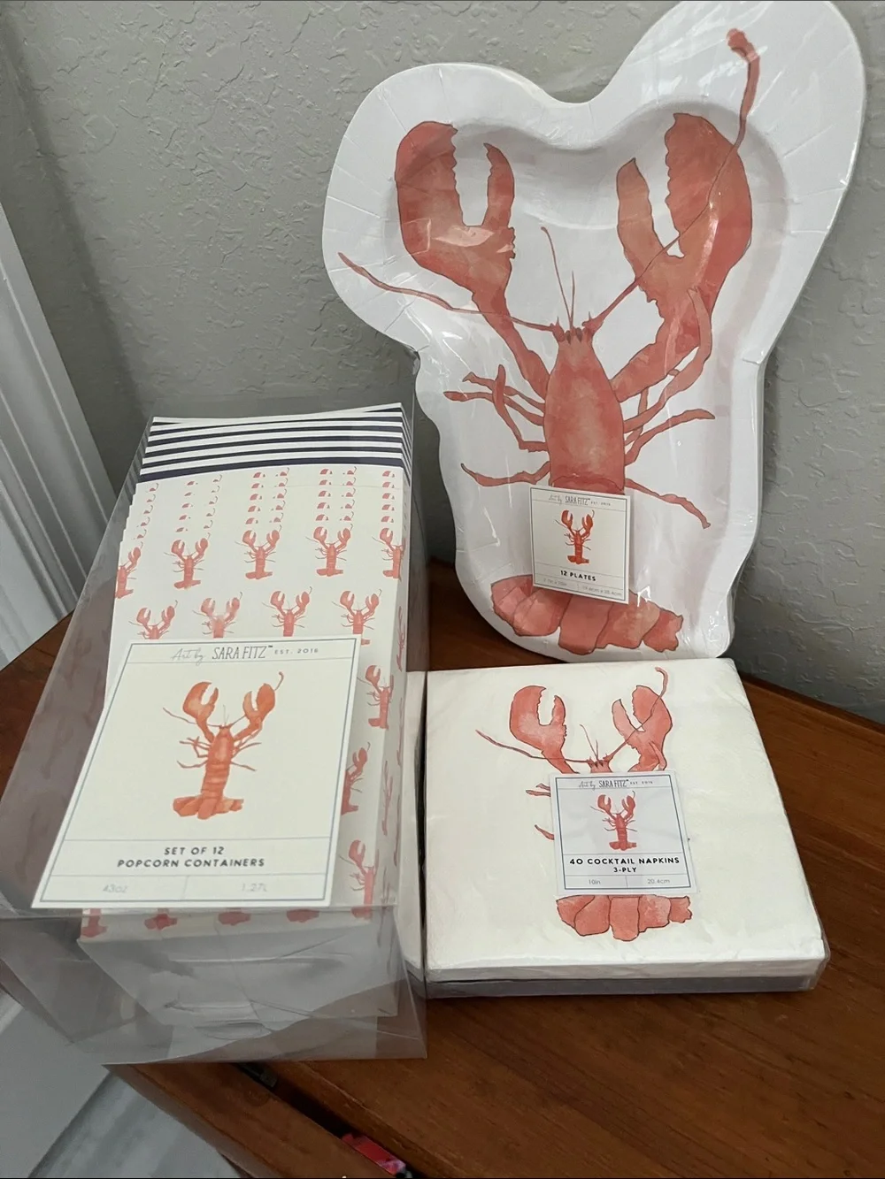 Lobster Themed Party Set - Coral & White Plates, Napkins, Popcorn Containers