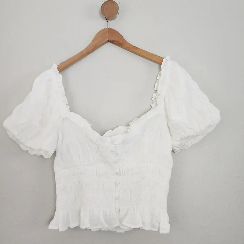 ASTR the Label Anza White Smocked Ruffle Puff Sleeve Top Sweetheart NWOT Large