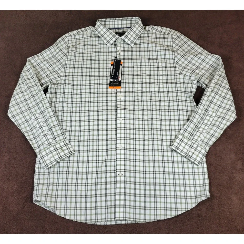 Banana Republic Mens XXL Green Plaid Non Iron Slim Fit Button‎ Up Shirt NWT