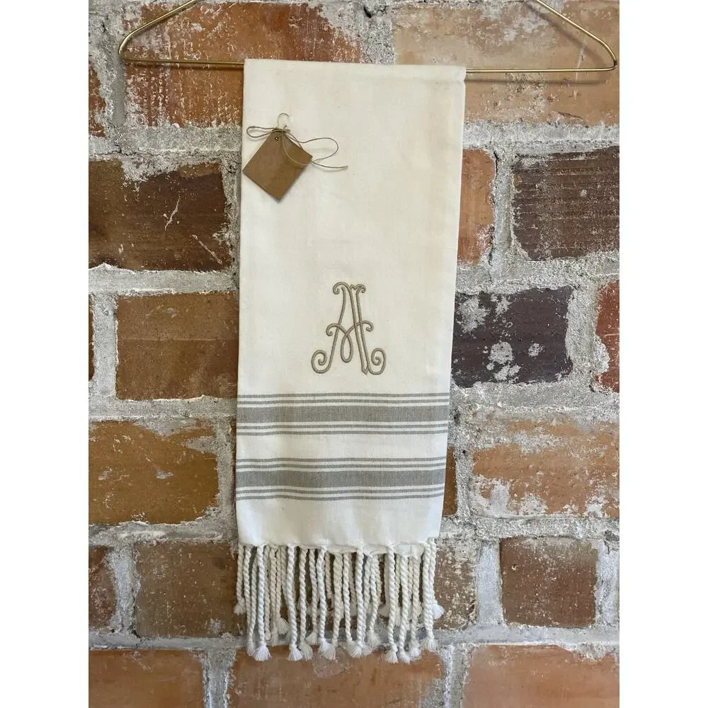 Turkish Cotton Kitchen Hand Towel Monogram‎ Embroidered Letter A Neutral