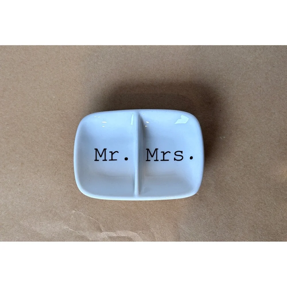 Mr. & Mrs. Ceramic Divided Ring Dish White Jewelry‎ Trinket Tray Wedding Gift