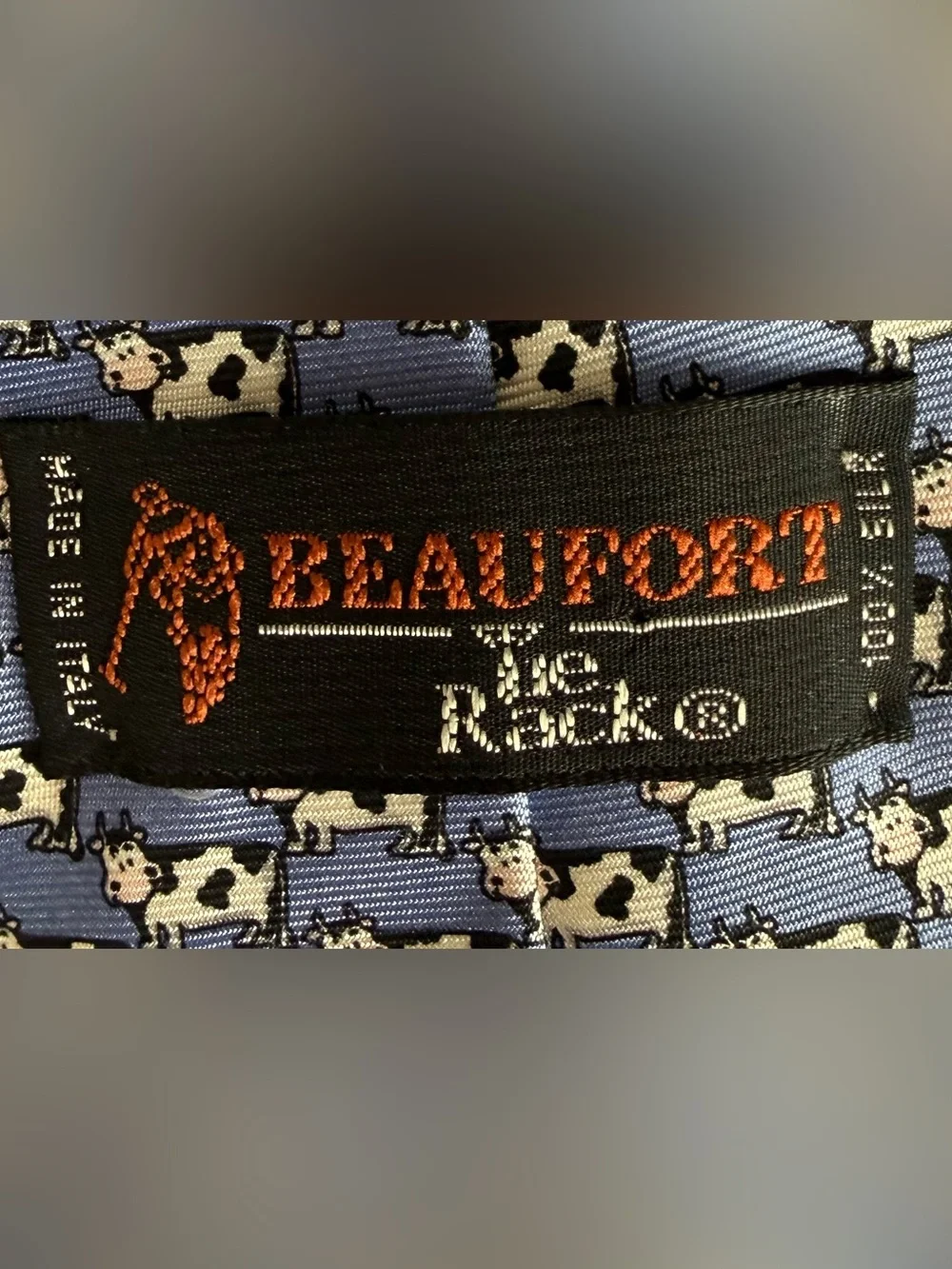 Beaufort Tie Rack 100% Silk Cow Print Novelty Tie Made in Italy Blue Necktie