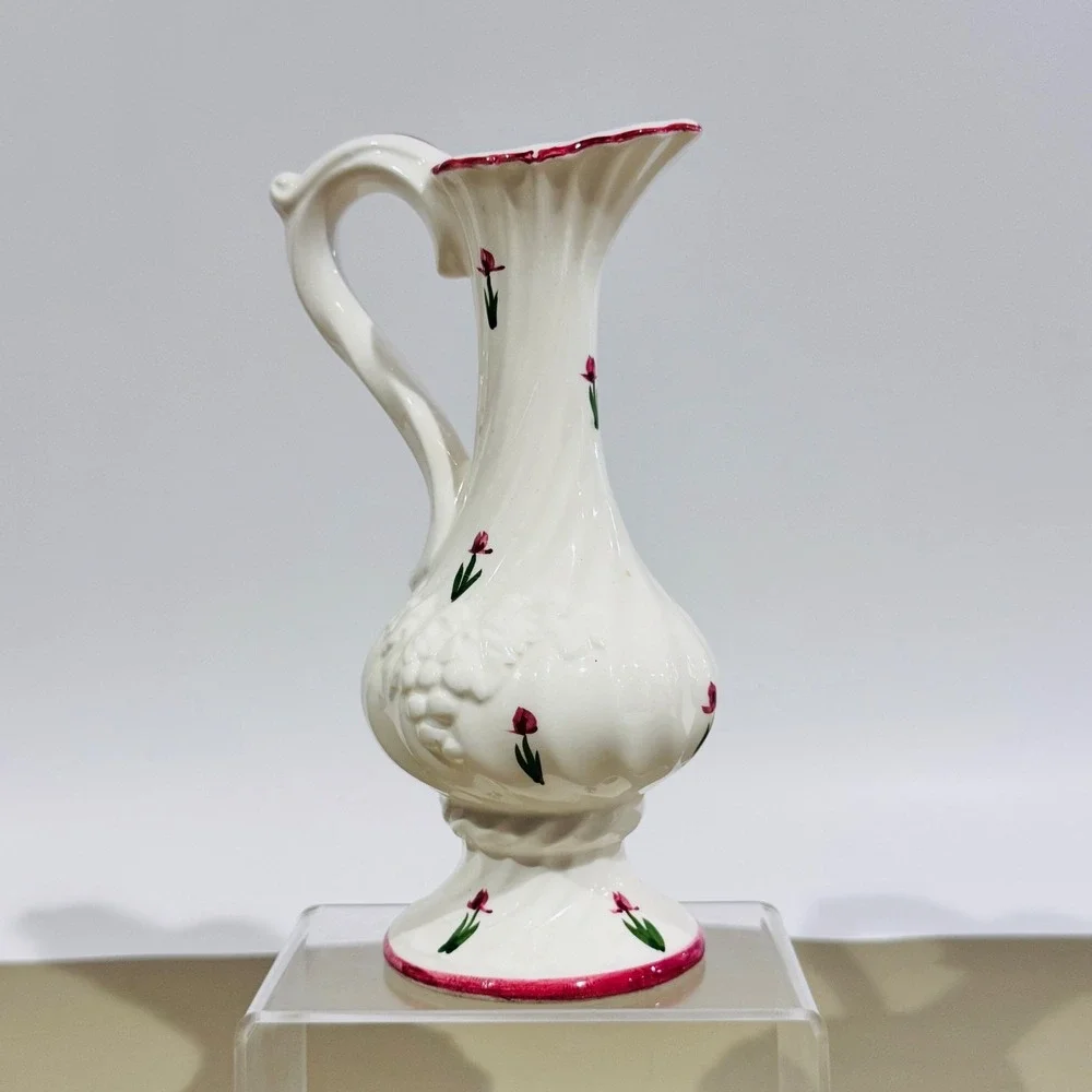 Vintage White‎ Pitcher W Hand Painted Red Flowers Bud Flower Vase Scalloped Rim