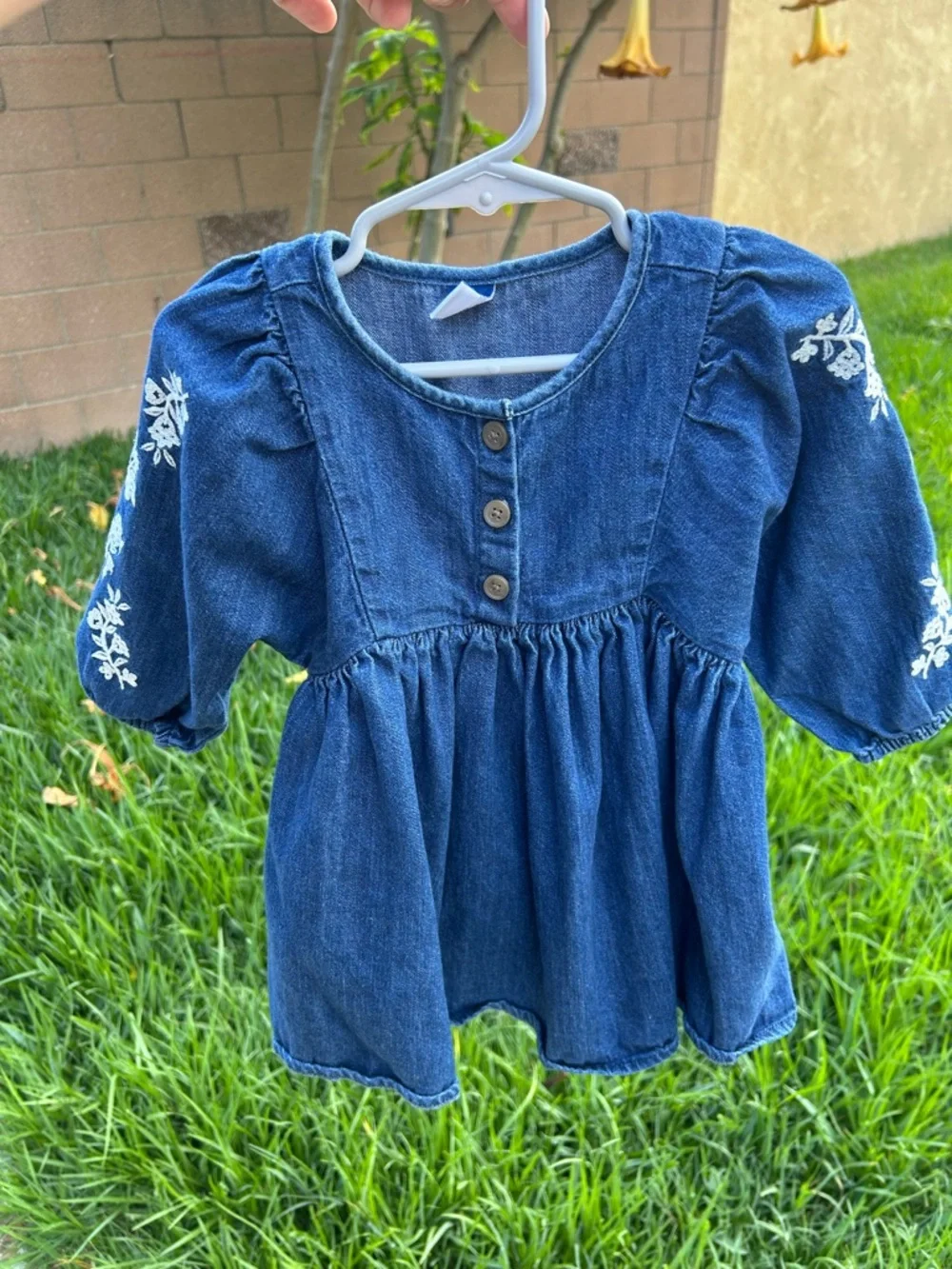 Old Navy Blue Denim Girls' Embroidered Sleeve Peasant Dress