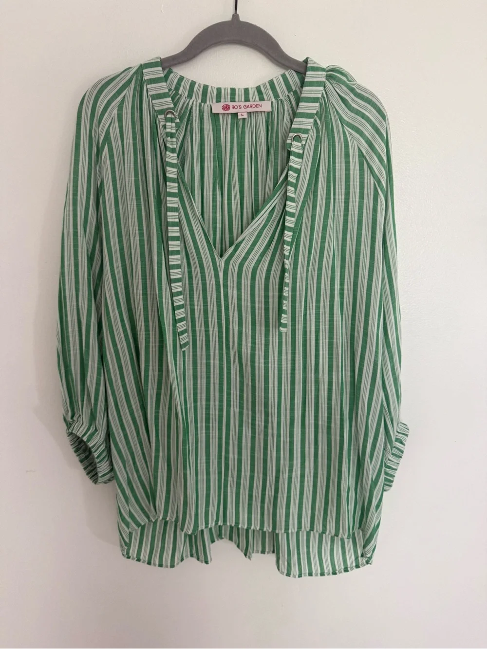 Tuckernuck Green and White Striped V-Neck Blouse