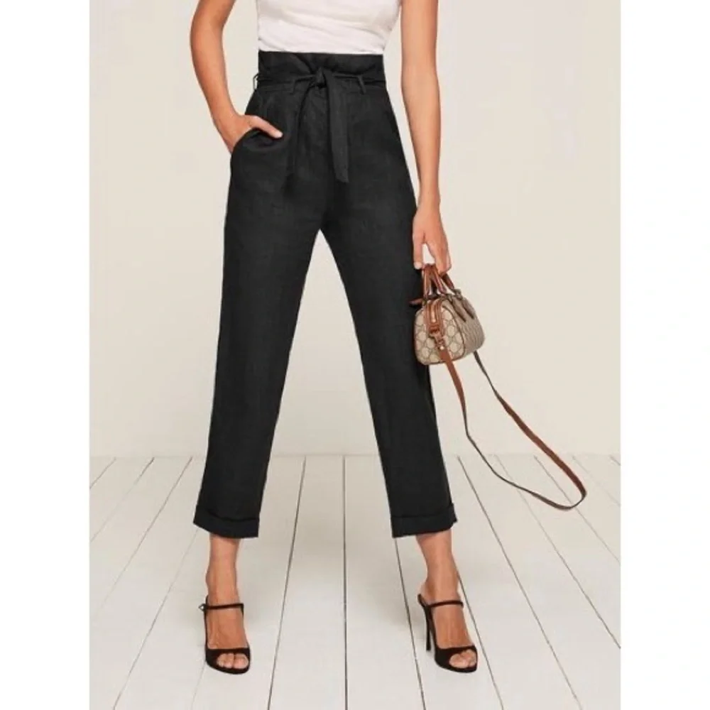 Reformation Fisher Paperbag Surplus Linen Blend Tapered Trouser Pants in Black