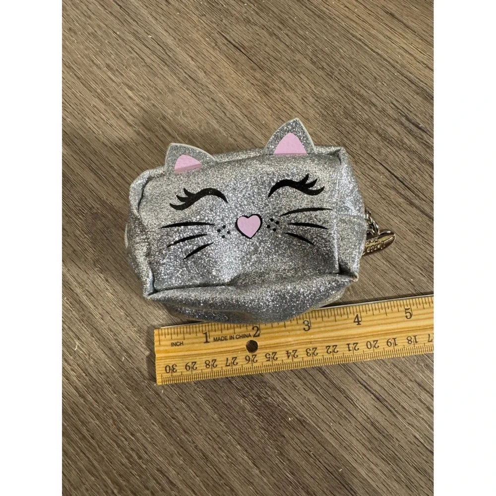 Betsey Johnson Glitter Cat Face Coin Purse Pouch Keychain‎ Silver