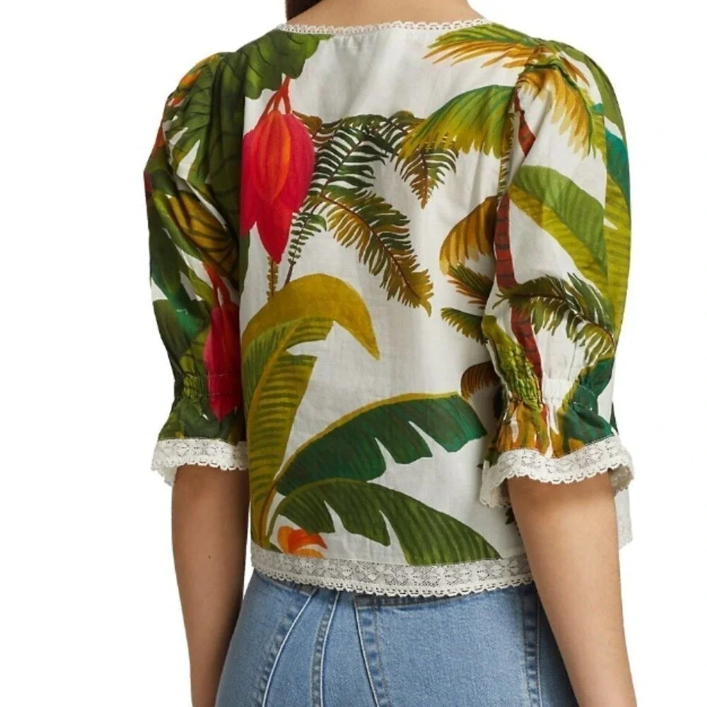 Farm‎ Rio Tropical Lace Trim Cocoa Forest Puff Sleeve Square Neck Top  | Size M