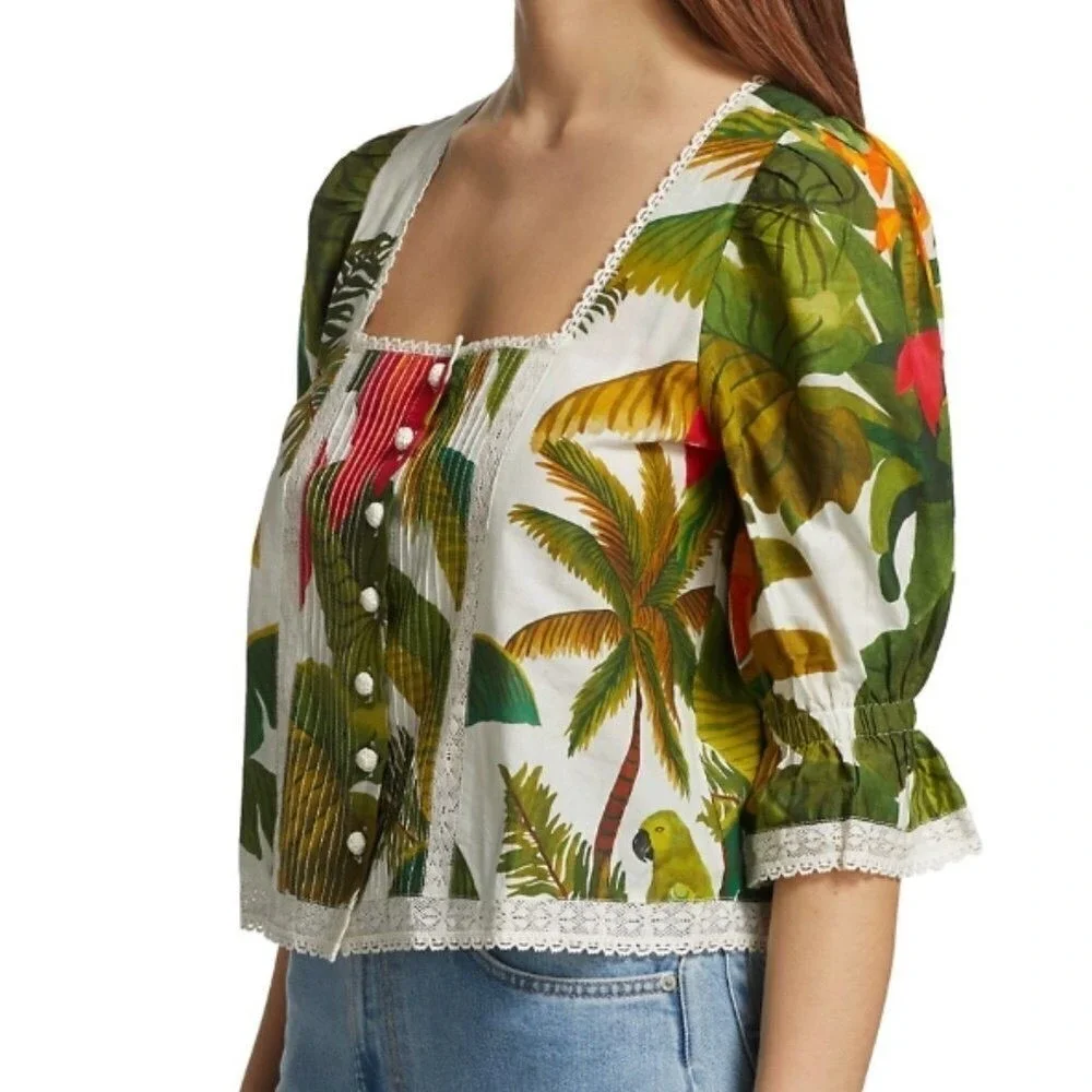 Farm‎ Rio Tropical Lace Trim Cocoa Forest Puff Sleeve Square Neck Top  | Size M
