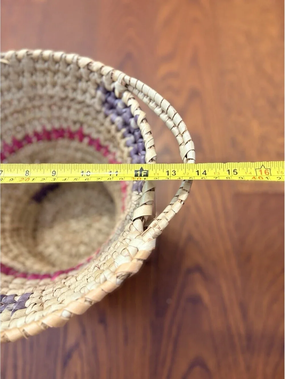 Vintage Handmade Coiled Basket With Handles Light Blue & Pink 14