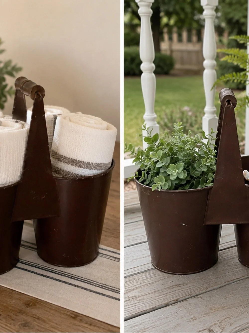 Brown Metal Double-Handled Bucket Caddy - Rustic Home Accent