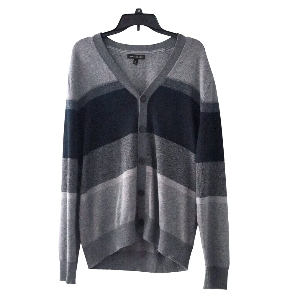Banana Republic Sz L Silk Blend‎ Gray Black Boyfriend Cardigan Academia Preppy