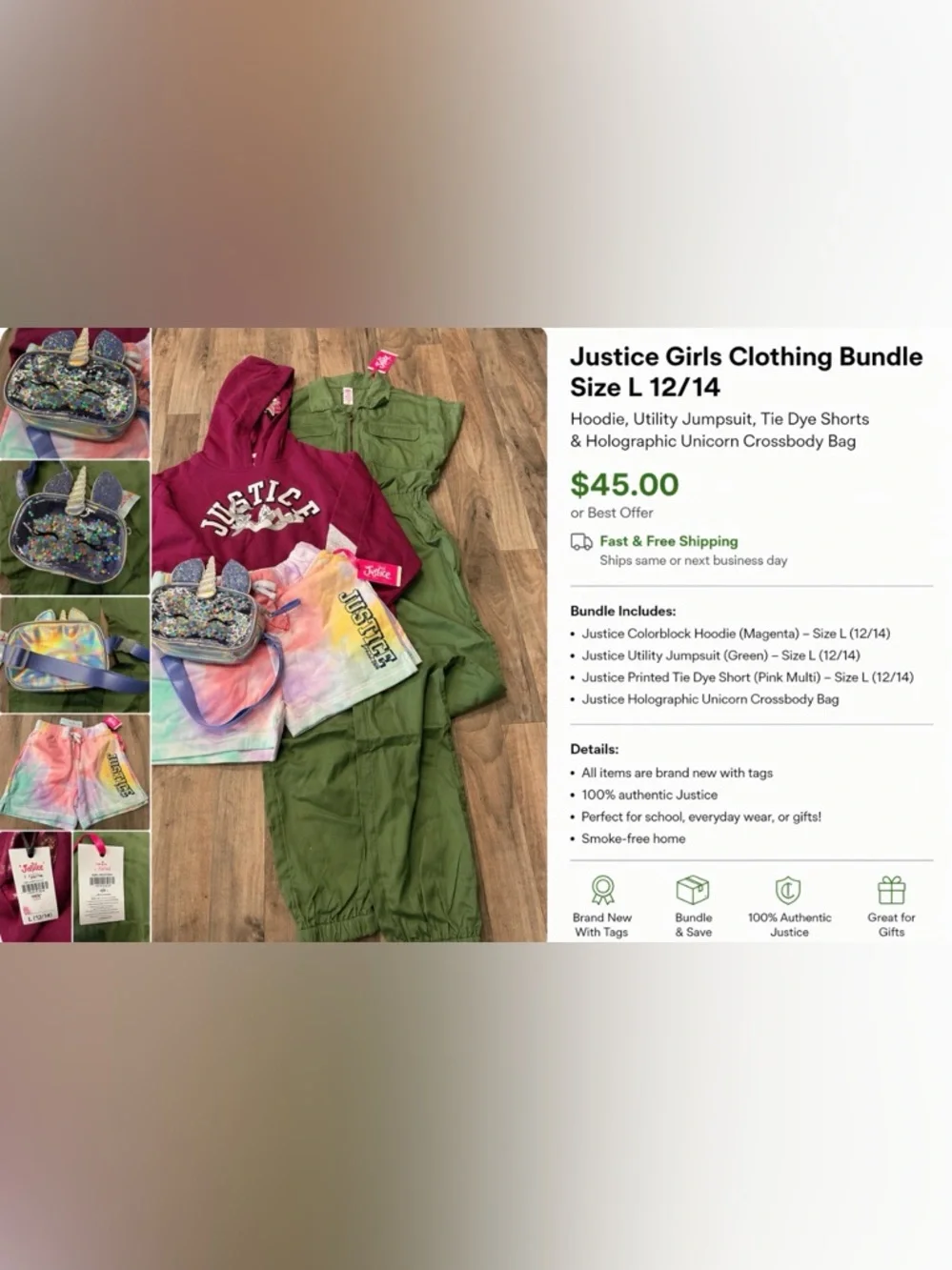 Justice Girls Olive‎ Utility Jumpsuit + Berry Hoodie and Pastel Tie-Dye Shorts