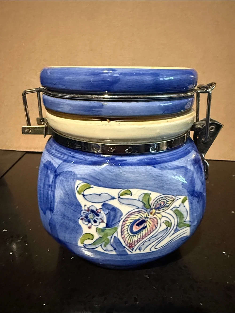 Blue Ceramic Floral Canister with Clamp Lid