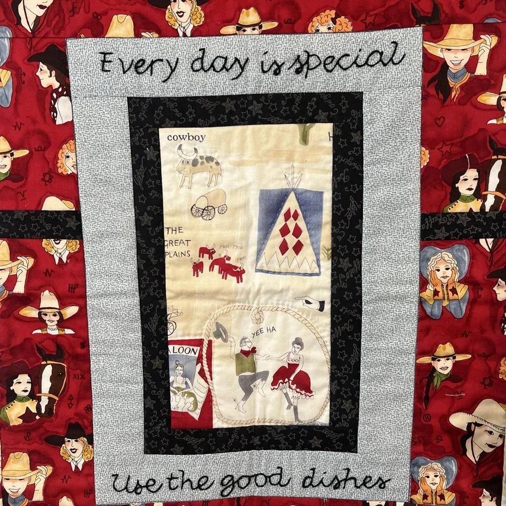 Quilted embroidered western cowboy cowgirl wall‎ hanging Two Sided 18.5
