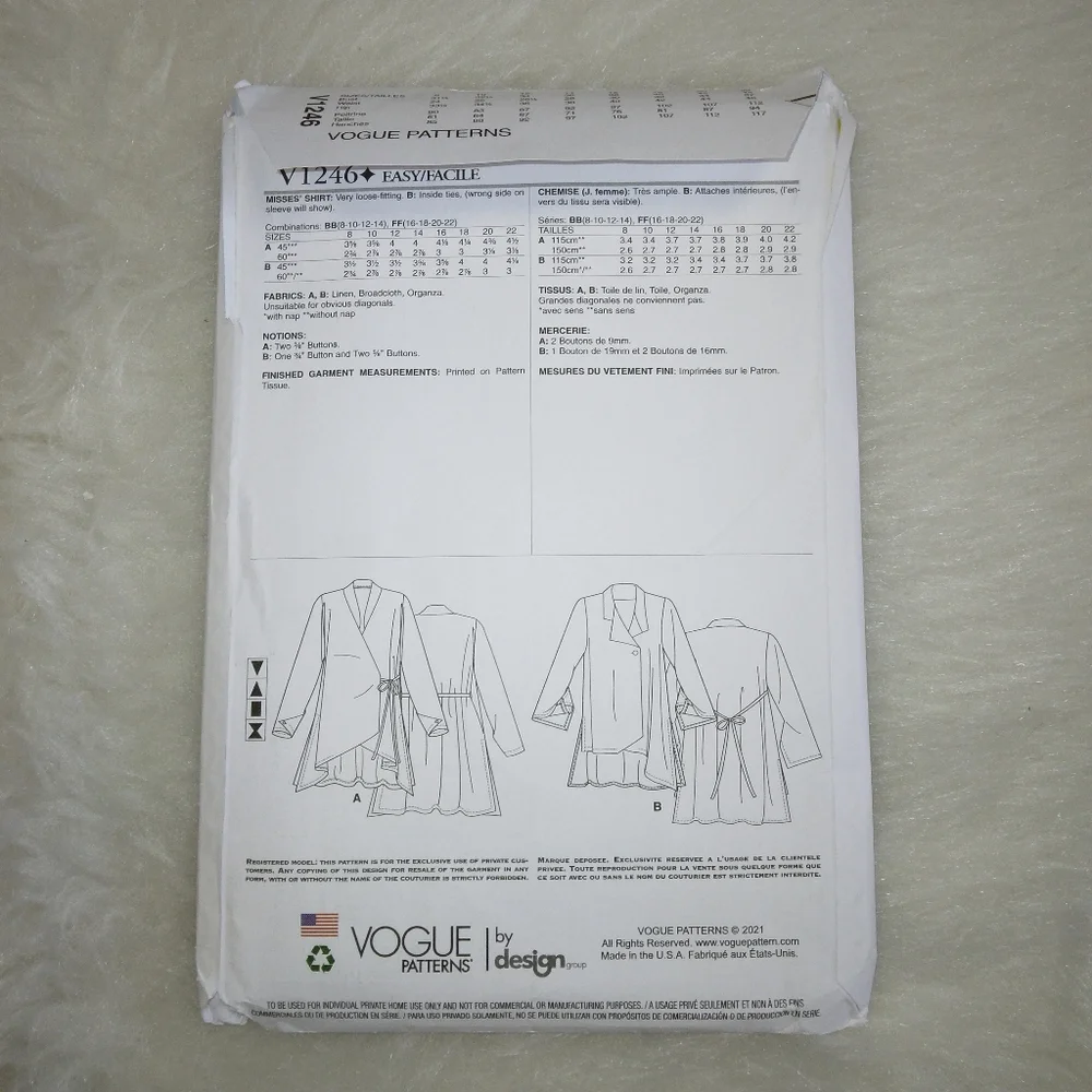 VOGUE V1246 Sz 16-22 Misses Easy Shirt by Lynn Mizono Cutting Edge Fashio