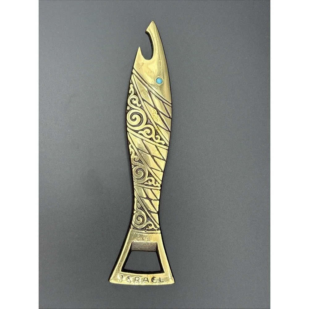 Vintage Mid-Century Israeli Brass Fish Bottle Opener Turquoise Eilat Stone Eye