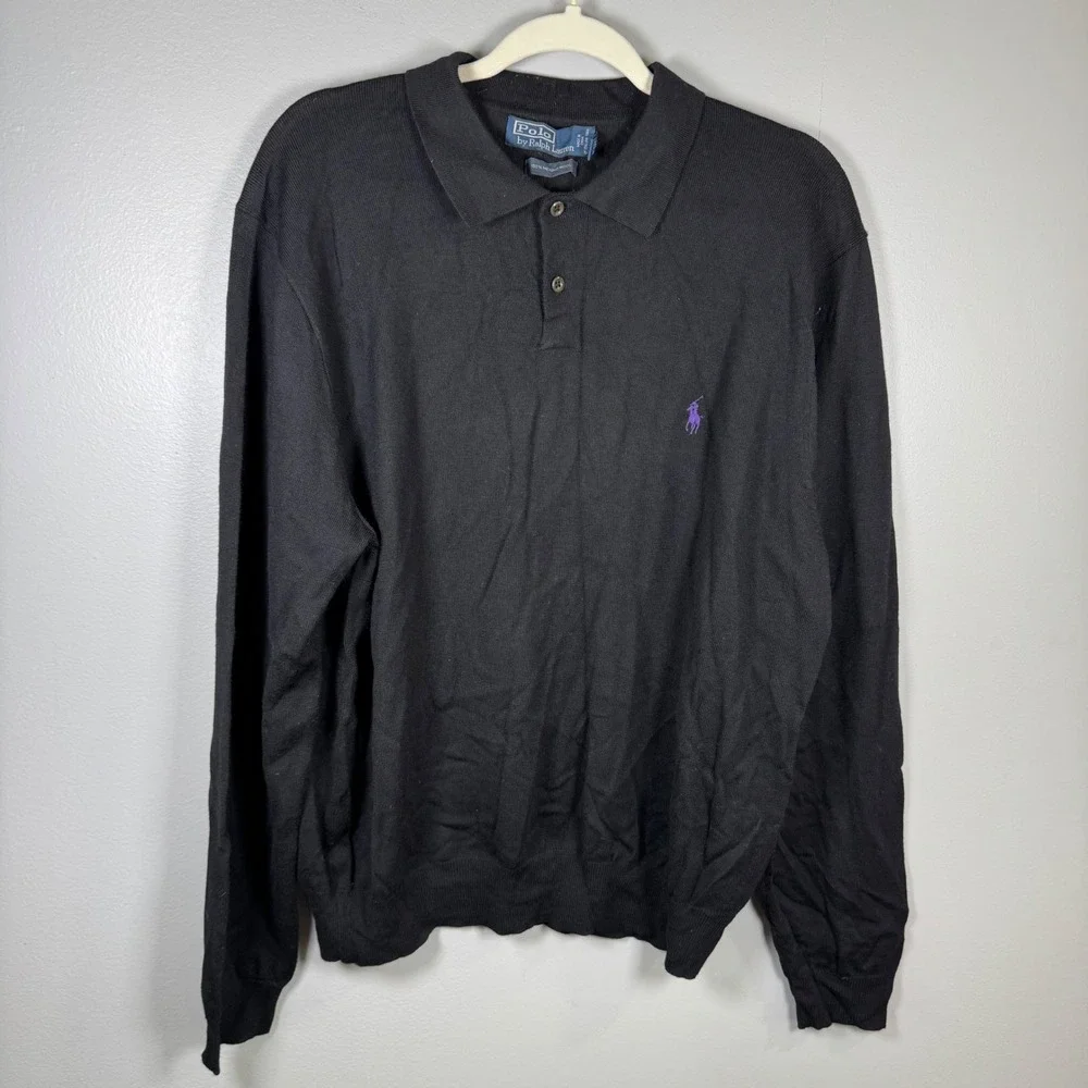 Polo Ralph Lauren Mens XL Black 100% Merino Wool Long Sleeve Polo Sweater Purple