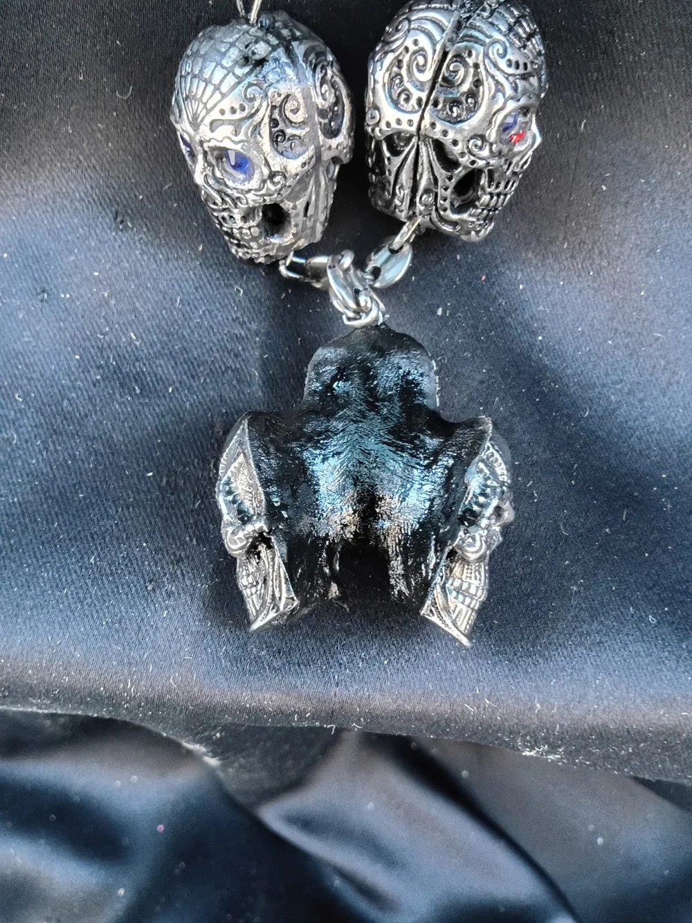 Stainless Steel Men's Skull Necklace with Blue Stone Eyes