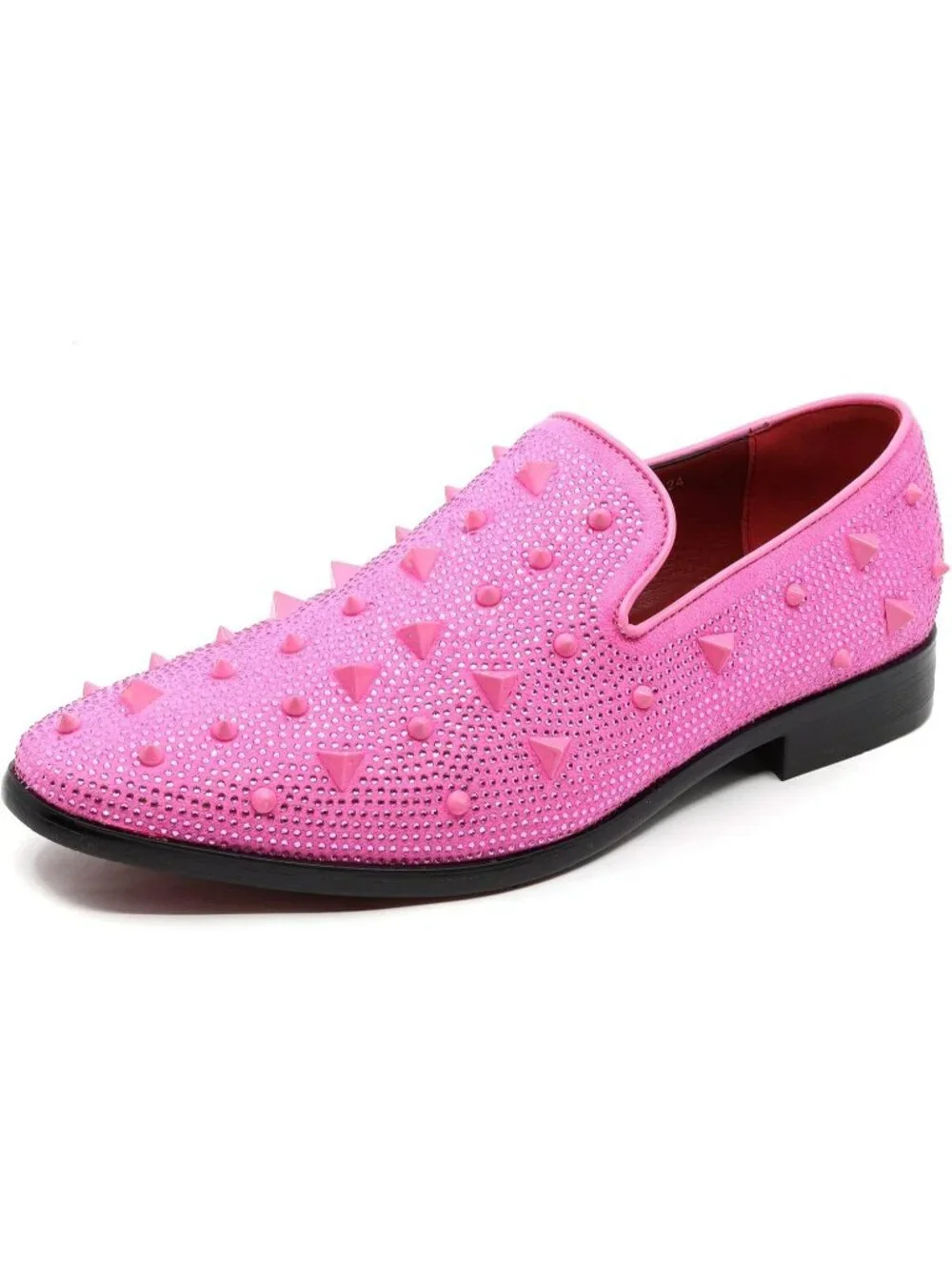 Matrocharm Men's Pink Rubber Vintage Spike Rhinestone Loafer Slip On Party Shoes