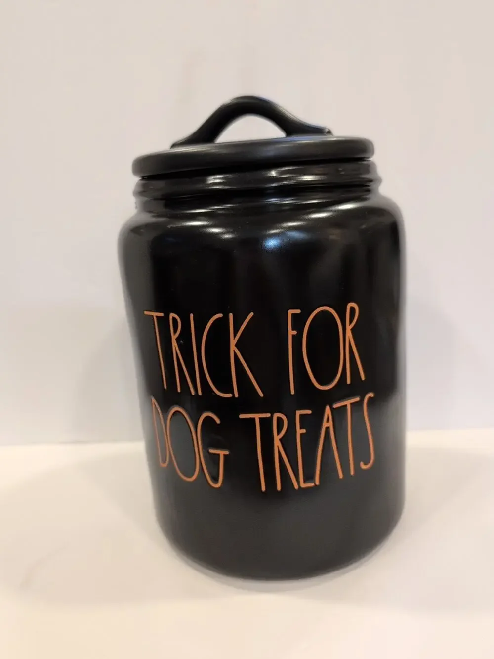 Halloween Rae Dunn Trick for Dog Treats Ceramic Canister Black w/orange letters