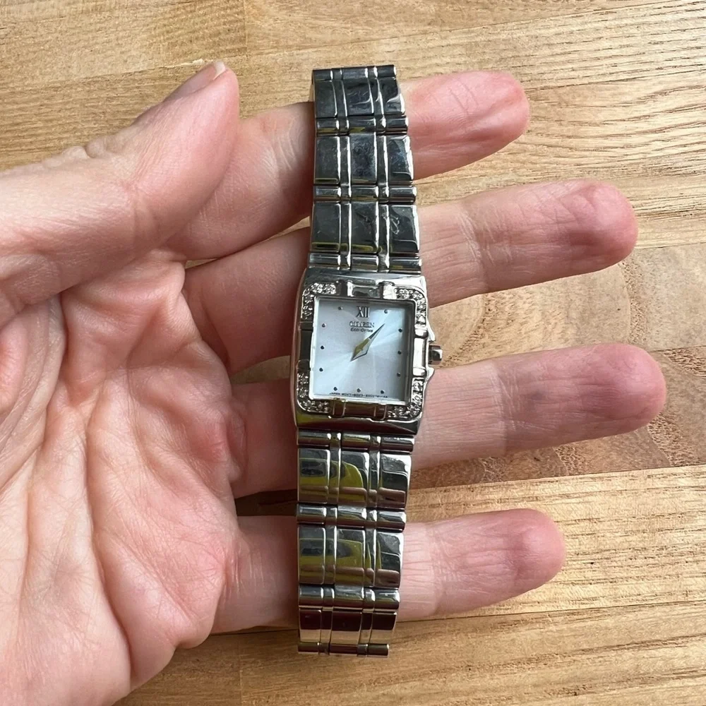 Citizen eco-drive ladies square dial silver tone diamond dress watch