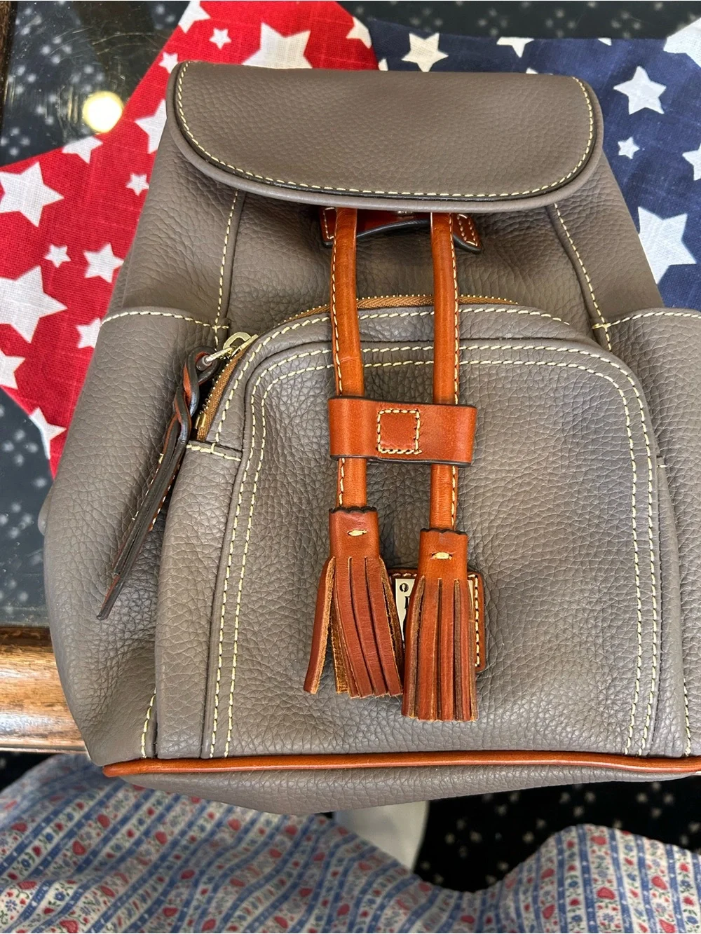 Women’s Taupe Leather Dooney & Bourke Small Backpack with Brown Tassel Accents