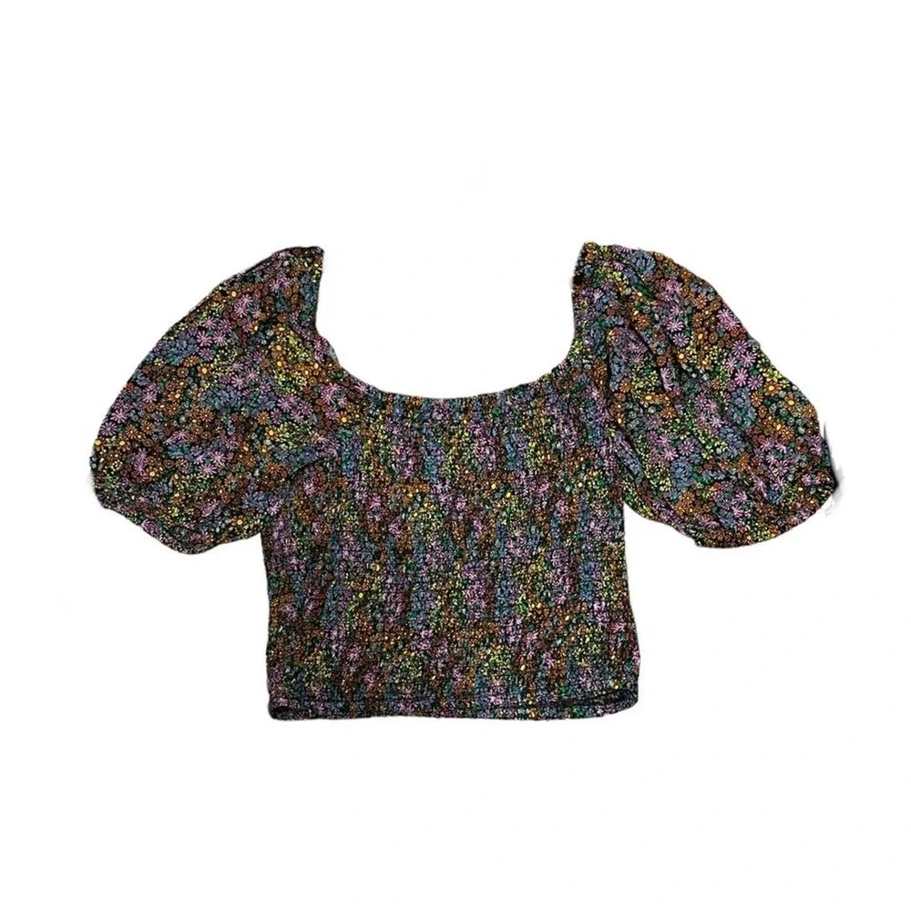 NEW Free People Back On Top Smocked Puff Sleeve Cropped Blouse Black Combo XS