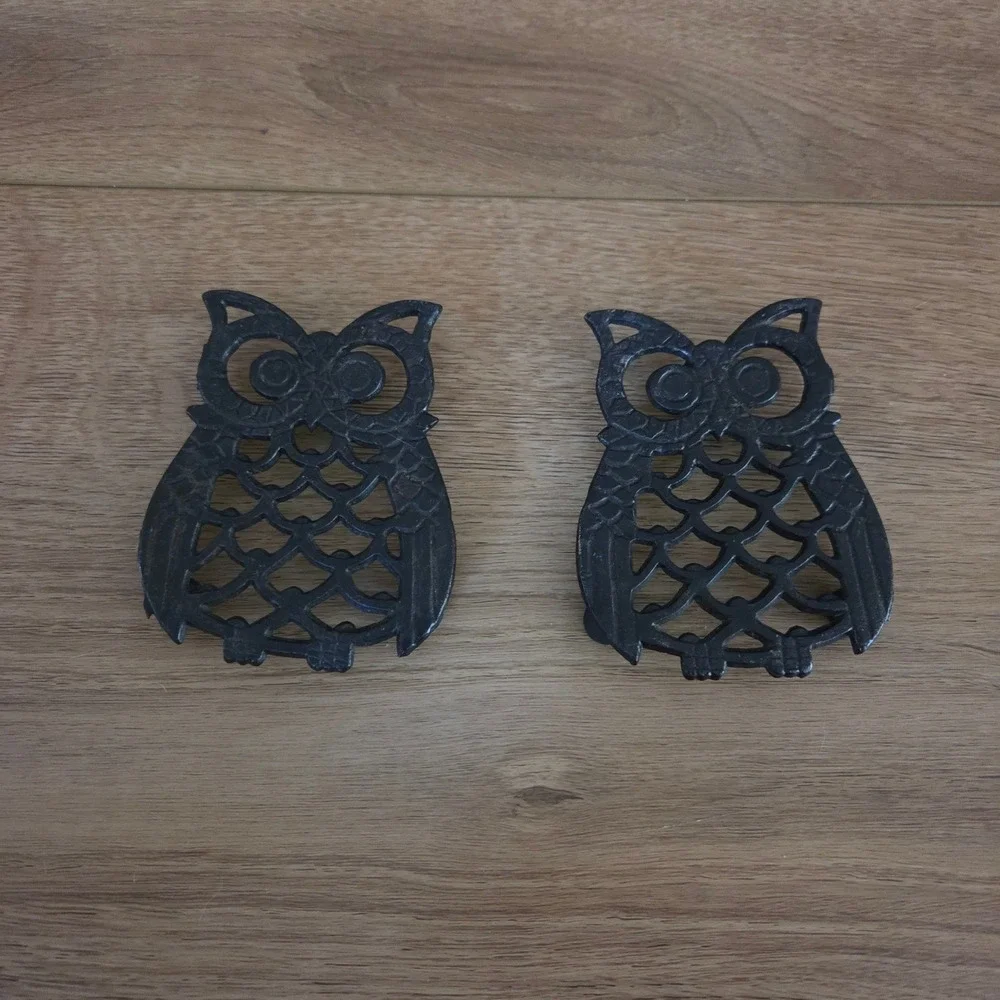Vintage Black Cast Iron Owl‎ Trivet Set of 2 Mid Century Modern Kitchen Decor