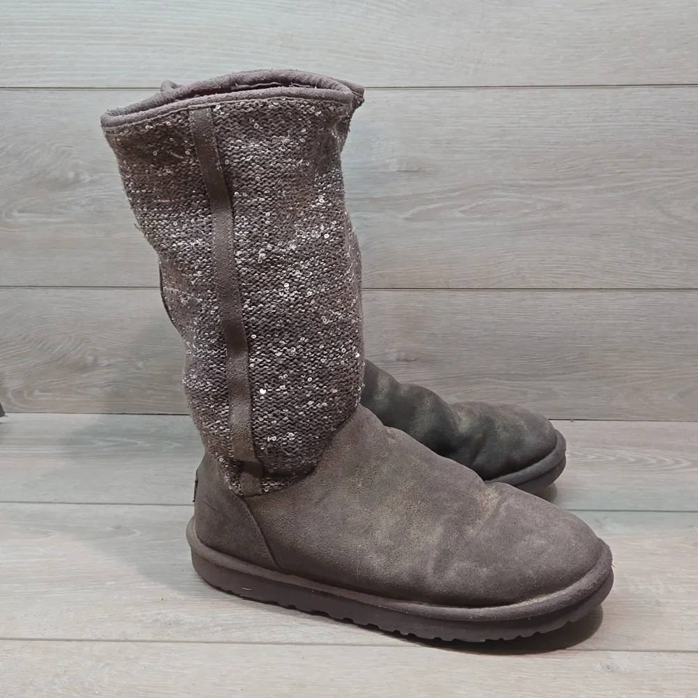 Ugg Australia Women Camaya Sequin knit sweater Leather Boots shoes sz 10