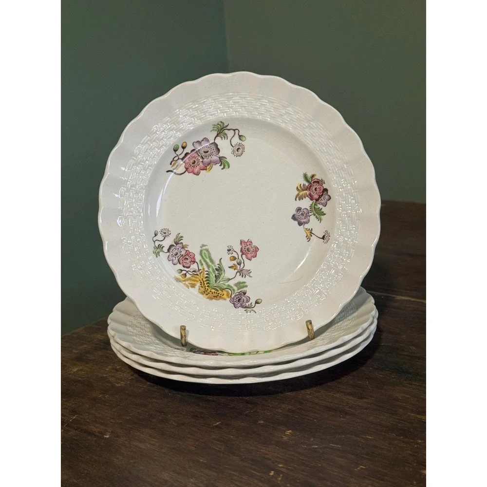 Four Copeland Spode Wicker Lane Floral Basketweave Scalloped Bread Plates