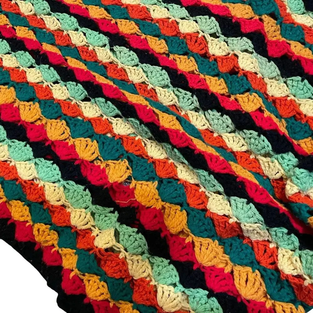 Crochet Throw Blanket Fringe Handmade Multicolored Cozy Gift Boho Decor Flawed