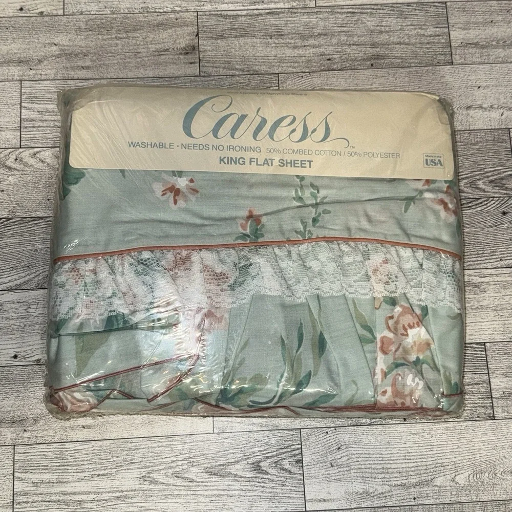 Vtg‎ Caress No Iron King Flat Sheet Floral Lace Ruffle NWT Mervyn's Cottagecore